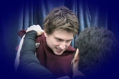 Jeff Radue as Laertes 
and Bobby Zaman as Hamlet